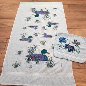Vintage Franco First Edition Bath Towel Mallard Ducks blue & floral wash cloth
